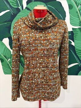 1970s Sears Cowl Neck Long Sleeve Top in Orange, Brown, Cream